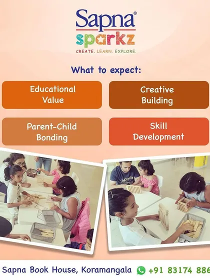 A visual list of what to expect from our building workshops, featuring photos of kids actively engaged in construction. This helps parents visualize the experience.