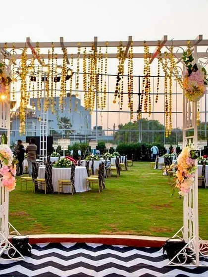 An outdoor event space defined by our custom hanging installation and themed walkways.