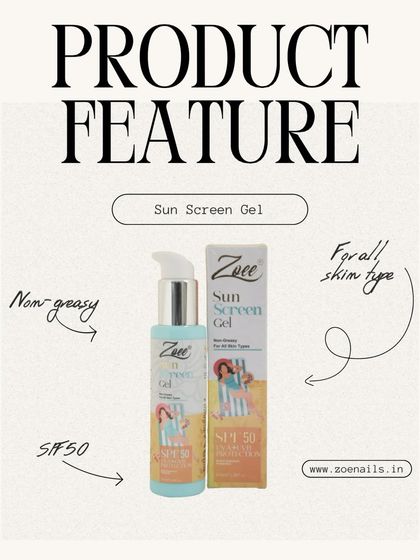 This graphic details the benefits of my Sunscreen Gel. It's a non-greasy, SPF 50 formula suitable for all skin types, providing reliable protection without the shine.