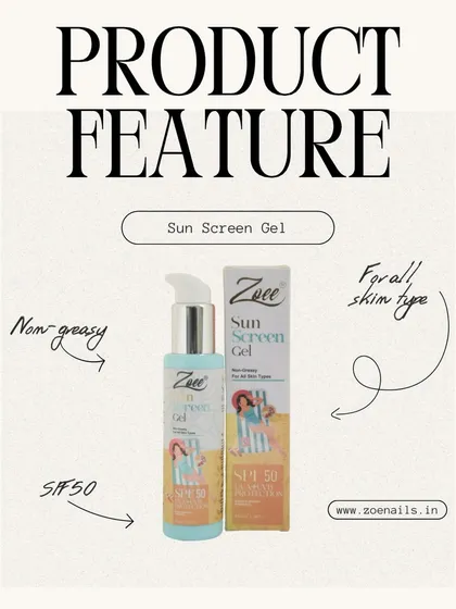 This graphic details the benefits of my Sunscreen Gel. It's a non-greasy, SPF 50 formula suitable for all skin types, providing reliable protection without the shine.