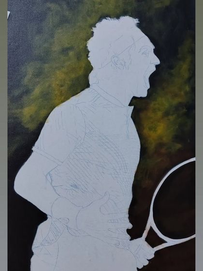The painting of Roger Federer in its early stages. Here, you can see the initial sketch on the canvas, with the background colors just beginning to take shape.