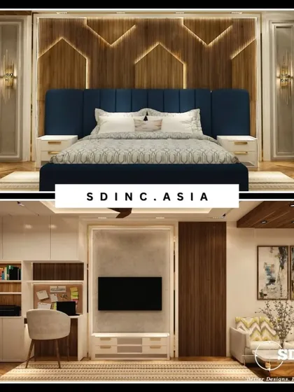 A regal bedroom design for a boy, featuring a deep blue upholstered bed with a striking geometric wood-paneled wall. The room also includes a compact, custom-built study nook and storage unit.