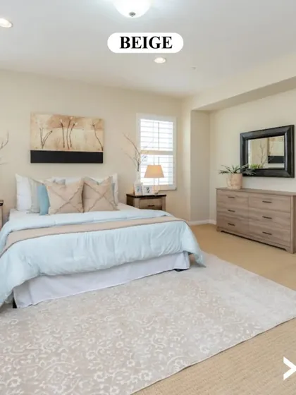 A classic beige provides a warm, neutral, and calming backdrop for this bedroom. This timeless colour is incredibly versatile, allowing your furniture, art, and textiles to stand out.