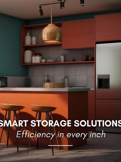 Smart storage solutions mean efficiency in every inch. This kitchen uses a combination of deep drawers and tall cabinets to maximize storage capacity, keeping the vibrant orange and teal color scheme as the main focus.