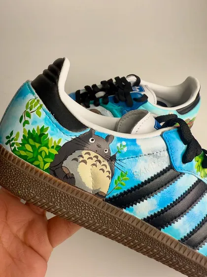 This detail shot shows Totoro himself, nestled among the leaves on the side of the Adidas Samba. I love bringing these beloved characters to life.
