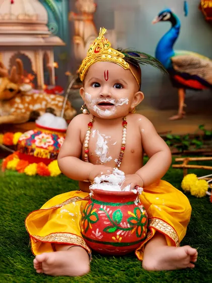 Another promotional shot for the Janmashtami sessions, showing a baby enjoying his pot of 'makhan'.