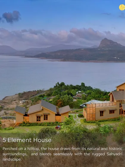 The 5 Element House is perched on a hilltop, blending seamlessly with the rugged Sahyadri landscape. The design draws from its natural and historic surroundings, becoming a part of the land itself.