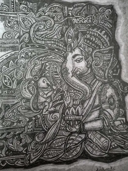A complex pencil drawing showing Lord Ganesha with his mouse, filled with layers of intricate patterns.