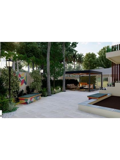 A wide-angle 3D render of a backyard escape. We use these visuals to map out the entire space, showing how different zones like the main pergola, secondary seating benches, and pathways will connect.