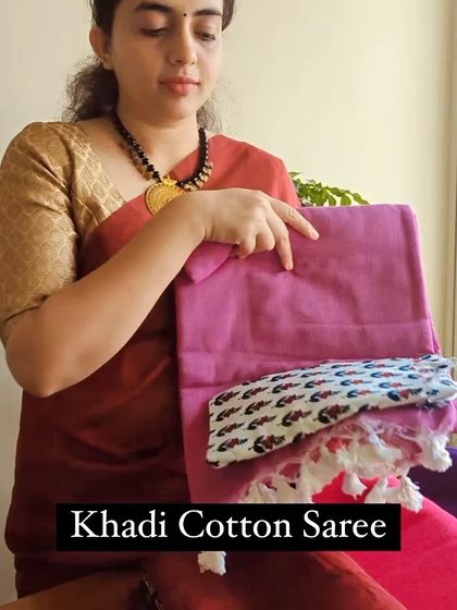 A customer favorite, the Khadi cotton saree. This image shows the soft texture of the fabric and the included block-printed blouse piece.