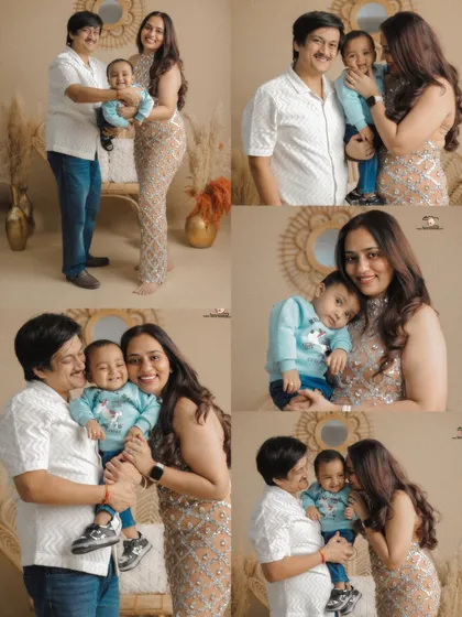 A collage of moments from one family's studio session. It shows a variety of poses and interactions, from full-family shots to candid close-ups, telling the complete story of their love.