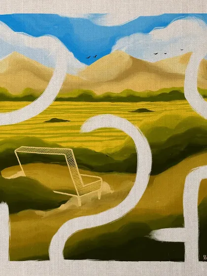 'Nature is forgiving.' A digital painting that mimics a traditional canvas texture. It explores the relationship between man-made structures and the natural landscape.