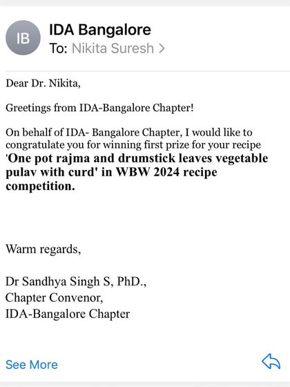 The official congratulatory email from the Indian Dietetic Association (IDA), Bangalore Chapter, for winning first prize in their recipe competition.
