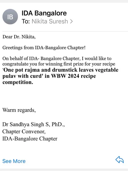 I was thrilled to win first prize in a recipe competition by the Indian Dietetic Association for my "One Pot Rajma and Moringa Leaves Vegetable Pulav."