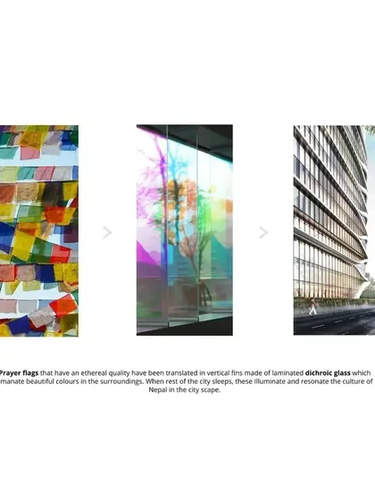This diagram explains the inspiration for the Hilton Kathmandu's facade. We translated the ethereal quality of Nepalese prayer flags into vertical fins of laminated dichroic glass that change color with the light.