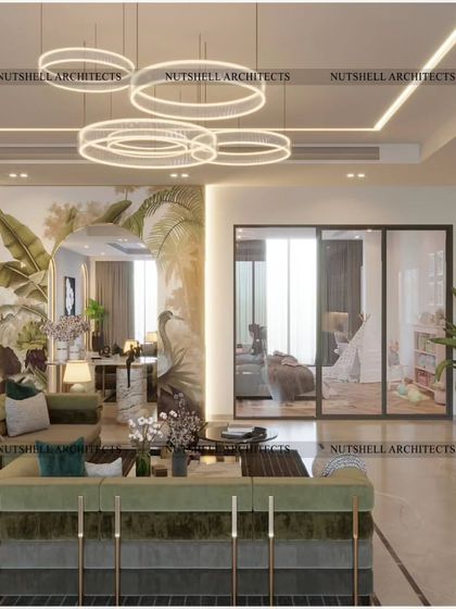 On the opposite wall, a large, tropical-themed wallpaper brings a touch of nature indoors. This feature wall, combined with an arched mirror, creates an illusion of depth and adds a layer of visual interest to the living space.