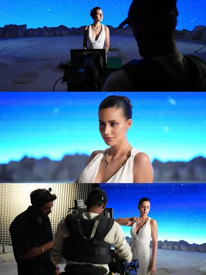 A collage from the Caratlane set, showing the director and crew working with the actress. The real-time virtual background allows for immediate feedback and creative adjustments on the spot.