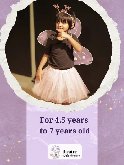 A young performer in a butterfly costume from our "Yarntellers" playmaking program for ages 4.5 to 7.