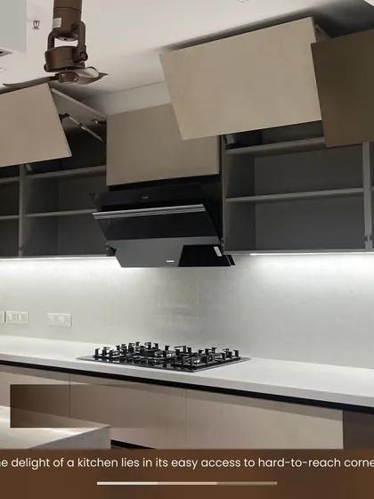 We use lift-up systems for upper cabinets, which makes them easy to open and access, especially in hard-to-reach corners.