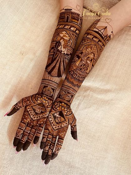 Another view of the San Francisco bride's mehendi, showing the beautiful details of the proposal scene under the Golden Gate Bridge.