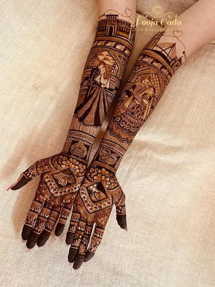 Another view of the San Francisco bride's mehendi, showing the beautiful details of the proposal scene under the Golden Gate Bridge.