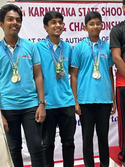 Our men's air pistol team on the podium after a successful run at the 11th Karnataka State Shooting Competition, where they secured multiple silver medals.