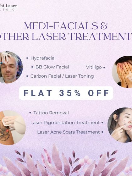 This graphic details one of our seasonal promotions. We offer discounts on various services, including medi-facials like Hydrafacial and laser treatments for tattoo removal and acne scars.