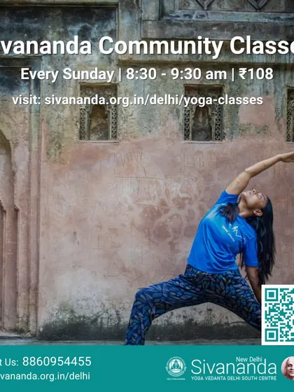An announcement for our Sunday community classes, featuring a practitioner in a variation of Reverse Warrior pose. These classes are open to all and cover a new topic each week.