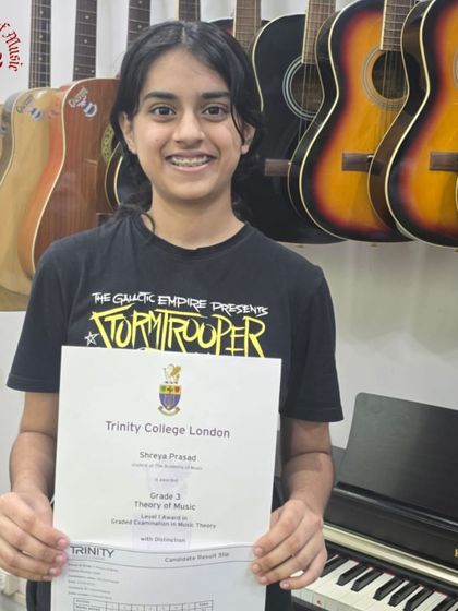 Bravo to Shreya Prasad for her stellar achievement of 94 out of 100 in the Grade 3 Theory of Music exam. She is now channeling that knowledge into her Grade 4 practical keyboard exam preparation.
