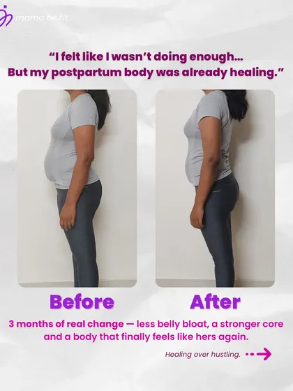 This mama felt like she wasn't doing enough, but her body was healing and transforming. This before and after shows three months of real change, focusing on less belly bloat and a stronger core.