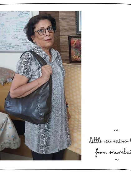 Anubha from Mumbai looking chic with her Little Sunaina in Twill Juniper. The dark green leather has a beautiful, subtle texture.