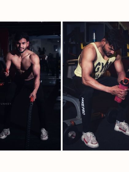 These two shots capture the action and the rest moments of a workout. One frame shows the intensity of using battle ropes, while the other shows a candid moment of recovery, telling a more complete story of a gym session.