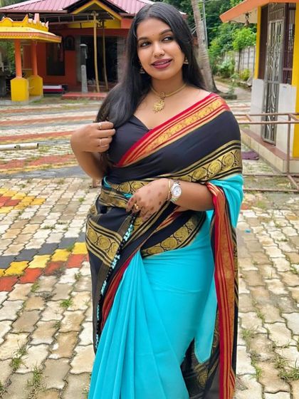 A client and makeup artist looking stunning in a blue and black pure Mysore crepe saree. Thank you for sharing your lovely pictures.