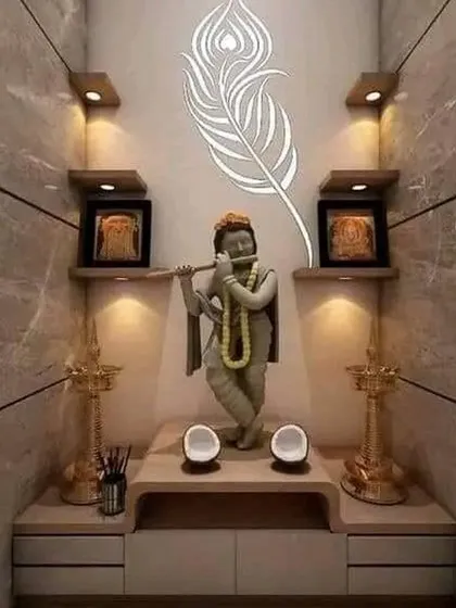 I designed this serene prayer nook as a peaceful space for reflection. The marble-finish walls, soft backlighting, and custom shelving create a divine and tranquil corner within the home.