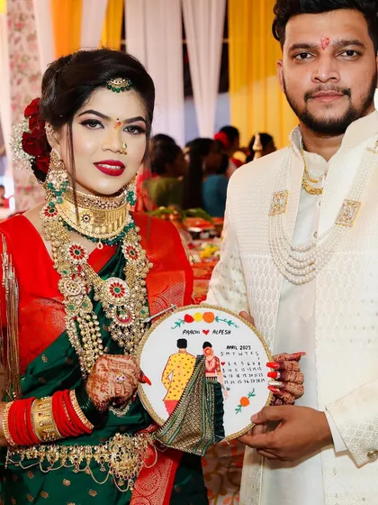 Here are the happy clients, Prachi and Alpesh, with their custom embroidery hoop on their wedding day! Seeing the joy my work brings to people is the best part of what I do. This makes for a perfect, personal wedding or anniversary gift.