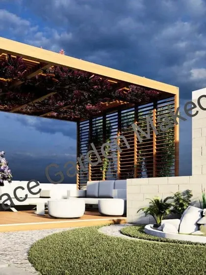 A design concept showing a pergola with a canopy of purple flowers, creating a romantic and shaded lounge area. The space includes modern white furniture and a small water feature for added tranquility.