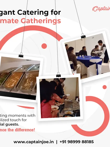 We provide elegant catering for intimate gatherings. This collage shows our buffet dishes and service in action for a smaller group, highlighting our personalized touch for events with 50 special guests.