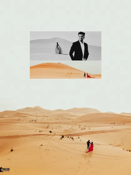 A collage showcasing the scale of the desert. The wide shot of the couple walking hand-in-hand contrasts beautifully with the individual portraits.