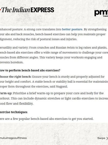 The Indian Express covered my breakdown of Shilpa Shetty's "abs of steel" workout. This carousel shares my insights on her bench-based core exercises and how to perform them correctly.
