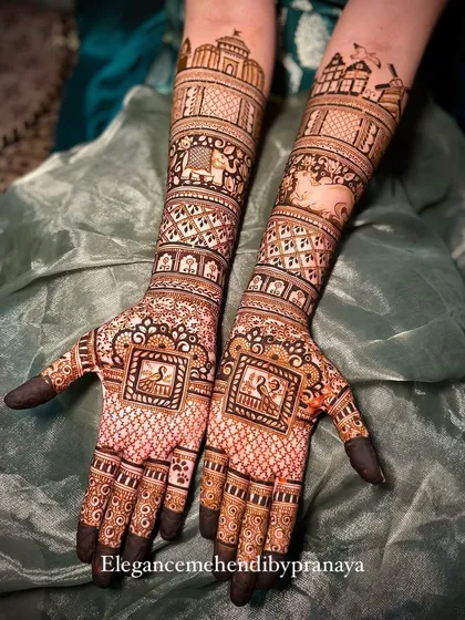 This design tells a love story that spans continents. On one hand, I drew the Pune skyline with Shaniwar Wada, and on the other, the Netherlands skyline, representing the couple's journey.