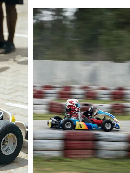 A collage showing our Micro driver in his kart and at speed.