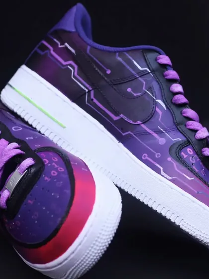 A top-down view of the hacker-themed custom Air Force 1s.