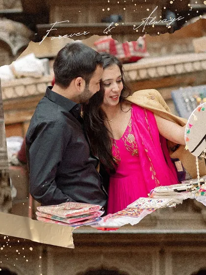 A candid moment of the couple exploring a local market in Jaisalmer. These shots add a layer of authenticity and storytelling to the pre-wedding collection, capturing your journey and shared experiences.