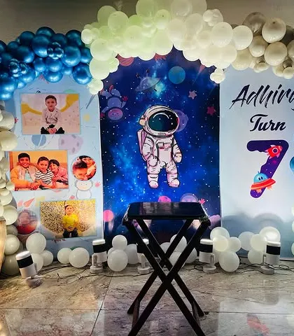 A clearer view of the Space theme backdrop, showing the custom photo collage and astronaut design.