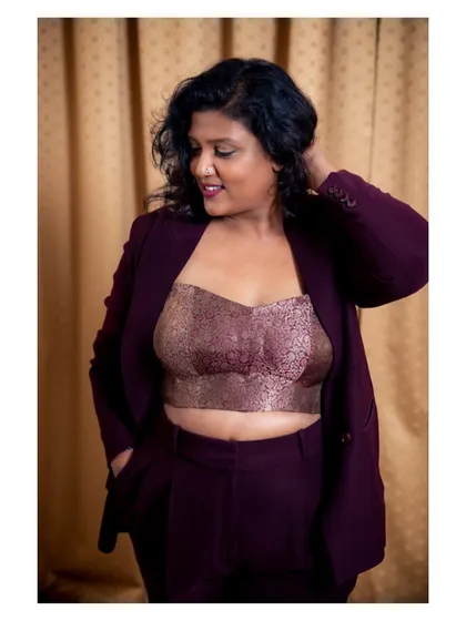 Who says workwear has to be boring? I designed and created this entire pantsuit, including the brocade corset, to prove that power dressing can be personal. I make bespoke western and Indo-Western outfits that are tailored to your body and your style.