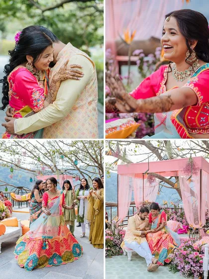 A collage of happy and playful moments from a Mehendi, including the couple's embrace and candid shots with family.