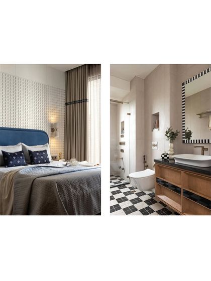 This shows how we carry a design story from one room to the next. The checkered pattern from the bedroom's wall panel is echoed in the bold black-and-white tile floor of the en-suite bathroom, creating a cohesive yet distinct feel for each space.