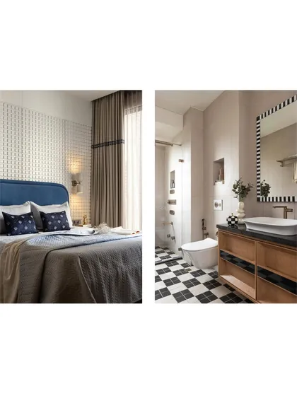 This shows how we carry a design story from one room to the next. The checkered pattern from the bedroom's wall panel is echoed in the bold black-and-white tile floor of the en-suite bathroom, creating a cohesive yet distinct feel for each space.