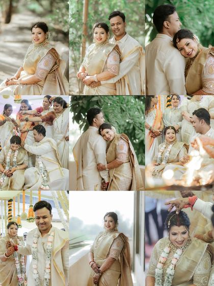 A comprehensive collage showcasing various moments from a traditional South Indian wedding, from rituals to romantic portraits.