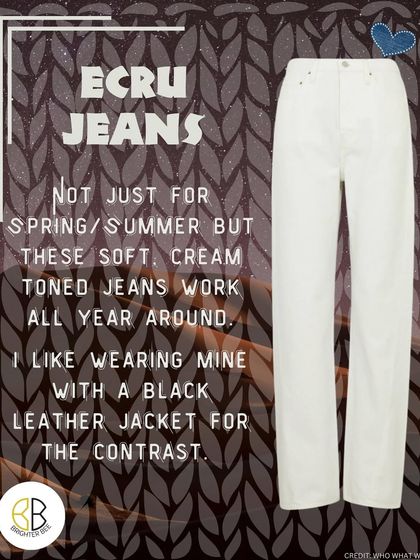 Ecru jeans are not just for summer. These soft, cream-toned jeans work all year round. I love styling mine with a black leather jacket for a chic, high-contrast look.